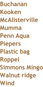 Buchanan Kooken McAlisterville Mumma Penn Aqua Piepers Plastic bag Roppel Simmons Mingo Walnut ridge Wind
